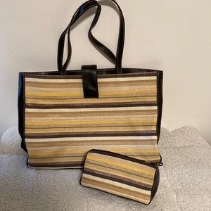 Double Strapped Handbag With Small Zippered Cosmetic Bag Open Snap Top